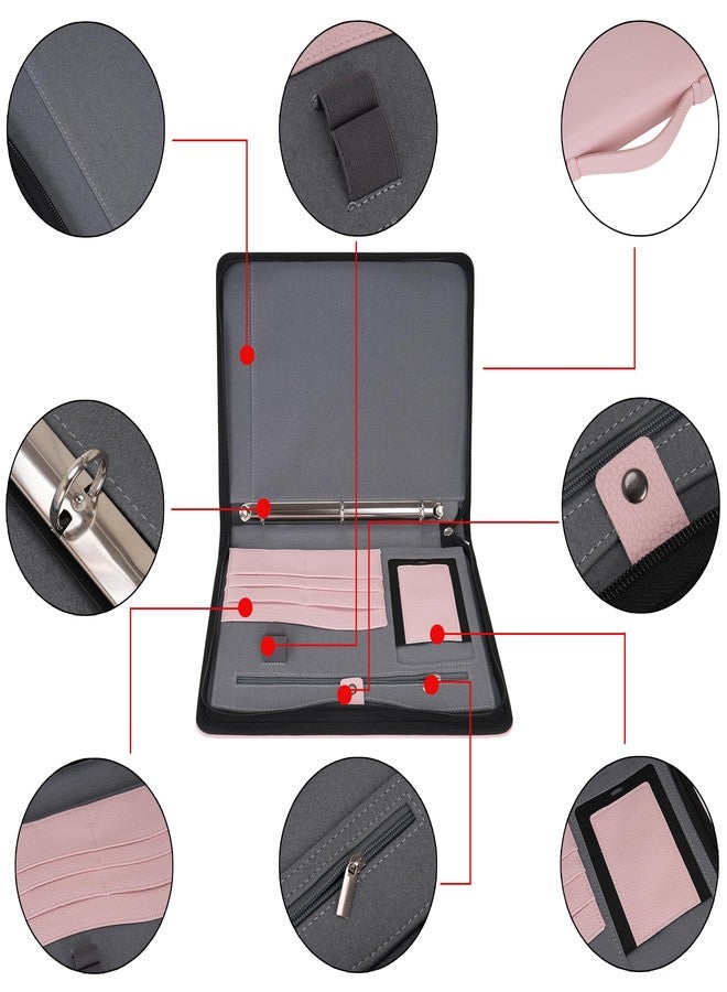 Wonderpool Travel Zippered Portfolio 3 Ring Binder A4 Padfolio Document Case with Removable Clipboard Legal Pad Holder, Business Office School Organizer for Men and Women (Pink) - Image 2