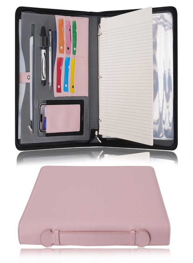 Wonderpool Travel Zippered Portfolio 3 Ring Binder A4 Padfolio Document Case with Removable Clipboard Legal Pad Holder, Business Office School Organizer for Men and Women (Pink) - Image 1