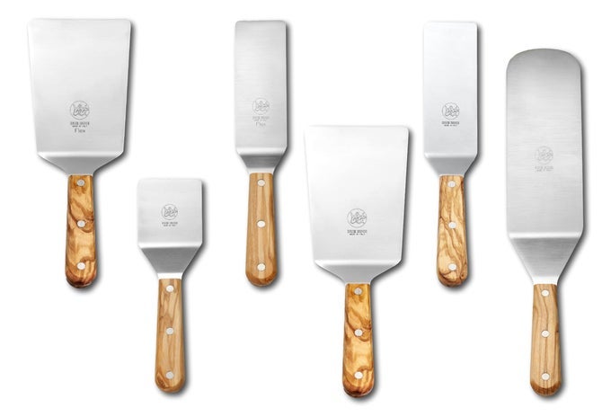 SET OF 6 STAINLESS STEEL SPATULAS OLIVE WOOD HANDLE