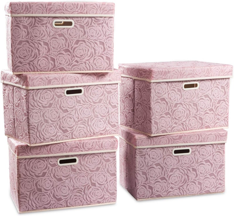 PRANDOM Large Foldable Storage Boxes with Lids [5-Pack] Fabric Decorative Storage Bin Cubes Organizer Containers Baskets with Cover Handles for Bedroom Closet Nursery Pink 17.7x11.8x11.8 Inch - Image 1