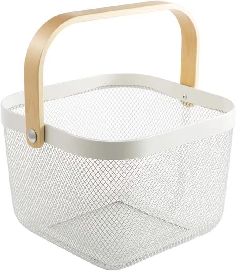 AJIODA Metal Mesh Steel Basket, Storage Organizer Basket Multi-functional Hanging Kitchen Baskets Fruit Basket Bin with Bamboo Handle for Kitchen Bathroom Picnic Shopping Decor Cabinet Home, White - Image 1