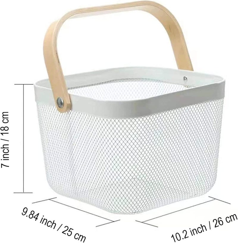 AJIODA Metal Mesh Steel Basket, Storage Organizer Basket Multi-functional Hanging Kitchen Baskets Fruit Basket Bin with Bamboo Handle for Kitchen Bathroom Picnic Shopping Decor Cabinet Home, White - Image 4