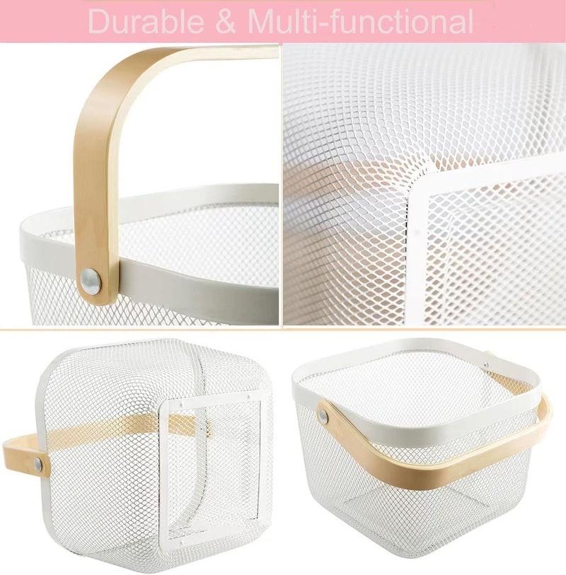 AJIODA Metal Mesh Steel Basket, Storage Organizer Basket Multi-functional Hanging Kitchen Baskets Fruit Basket Bin with Bamboo Handle for Kitchen Bathroom Picnic Shopping Decor Cabinet Home, White - Image 3