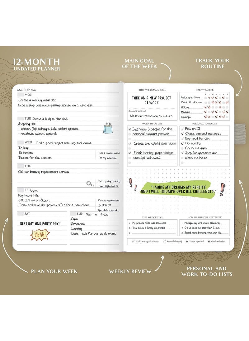 Swift Dairy Planner - Deluxe Weekly & Monthly Life Planner to Hit Your Goals & Live Happier. Organizer Notebook & Productivity Journal. A5 Hardcover, Undated - Start Any Time  - Image 3