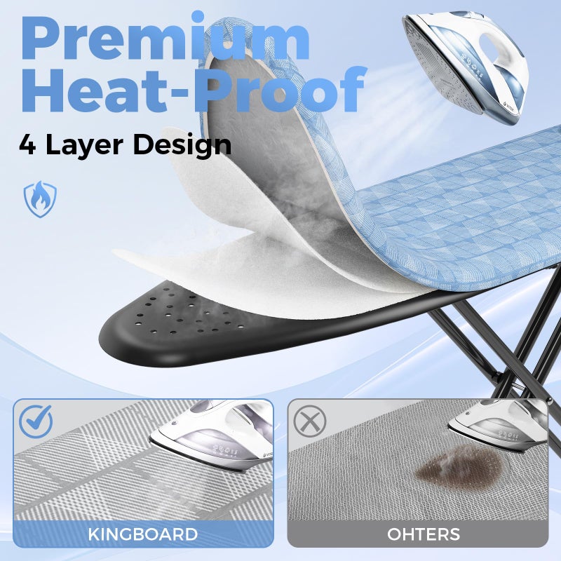 KINGBOARD Ironing Board, Compact Iron Board with Silicon Iron Mat, Heat Resistant Cover, 7 Height Adjustable, Foldable Ironing Board Wall Mount Hanger, 13x43 Blue - Image 4