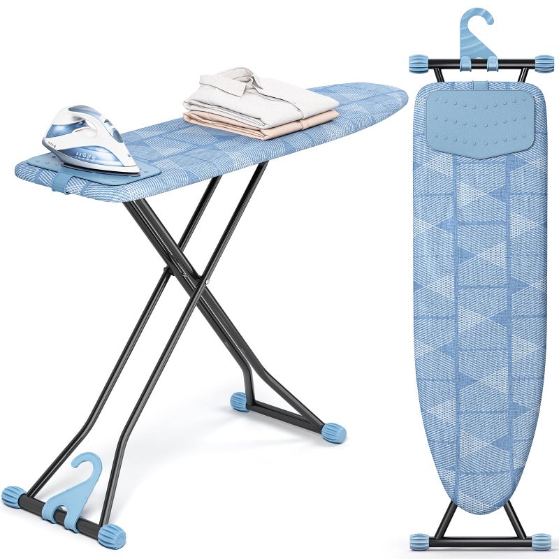 KINGBOARD Ironing Board, Compact Iron Board with Silicon Iron Mat, Heat Resistant Cover, 7 Height Adjustable, Foldable Ironing Board Wall Mount Hanger, 13x43 Blue - Image 1