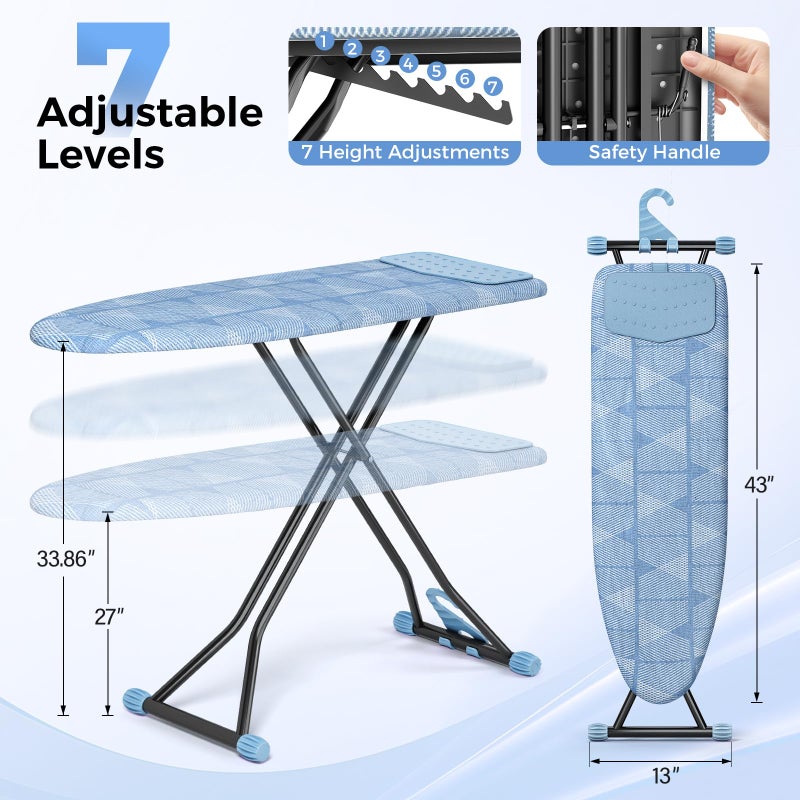 KINGBOARD Ironing Board, Compact Iron Board with Silicon Iron Mat, Heat Resistant Cover, 7 Height Adjustable, Foldable Ironing Board Wall Mount Hanger, 13x43 Blue - Image 2