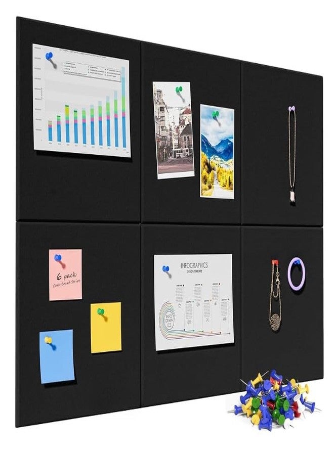 WICHARSH 6Pcs Black Felt Bulletin Board, 30x30cm Self-Adhesive Wall Boards with 35pcs Drawing Pins, Felt Message Board for Paste Notes, Photos, Schedules (Black) - Image 1