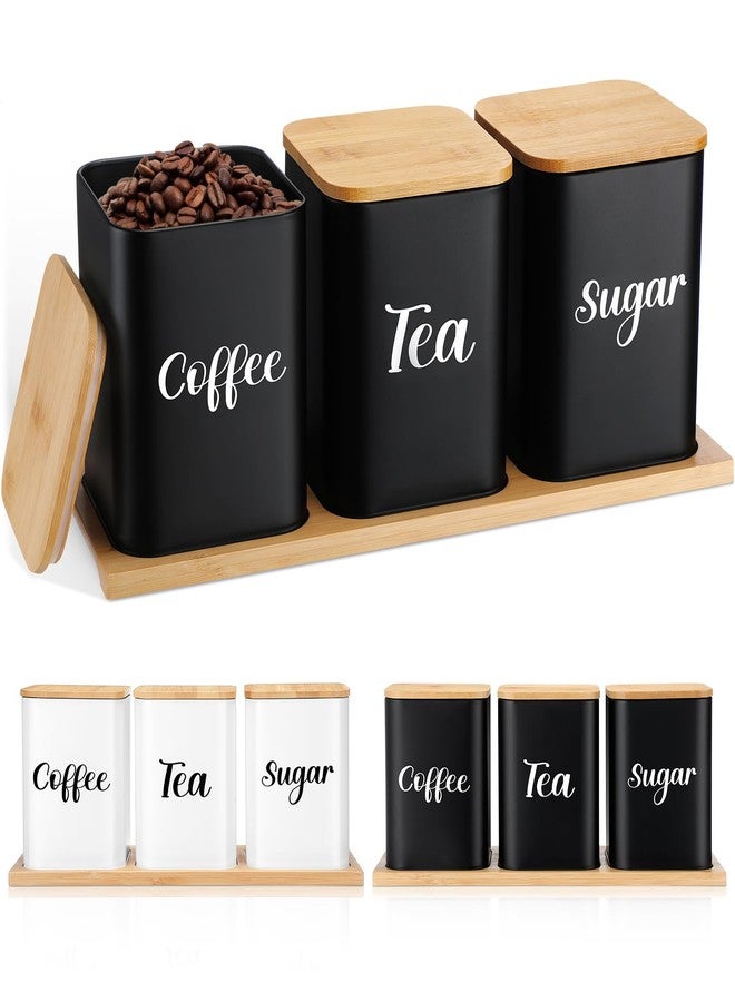 Tioncy Coffee Tea Sugar Container with Tray Set of 3 Airtight Metal Canister with Bamboo Lid Tray for Kitchen Counter Dining Room Farm House Kitchen Style Drink Station Organizer Set (Black) - Image 1