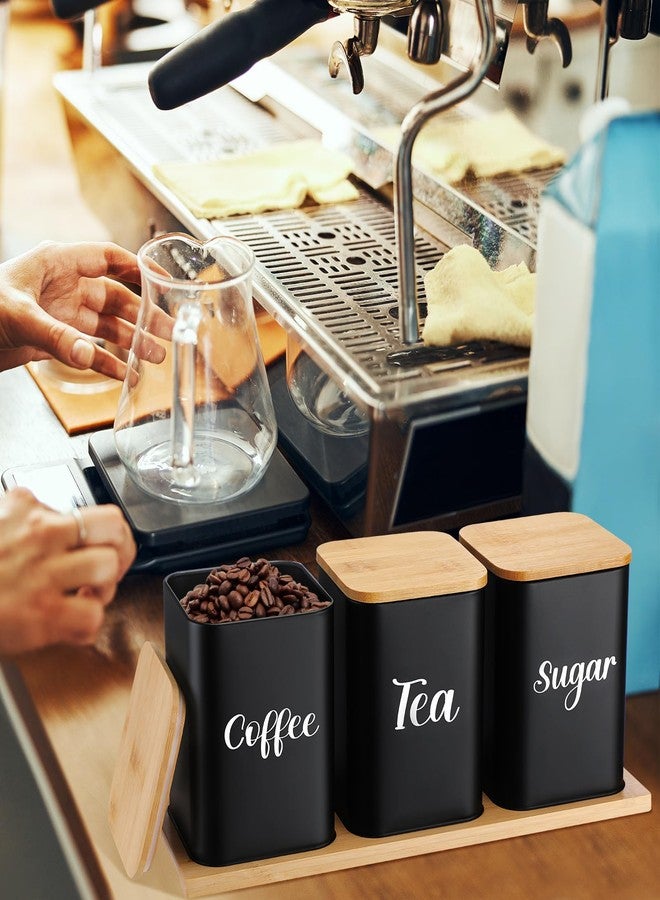 Tioncy Coffee Tea Sugar Container with Tray Set of 3 Airtight Metal Canister with Bamboo Lid Tray for Kitchen Counter Dining Room Farm House Kitchen Style Drink Station Organizer Set (Black) - Image 4