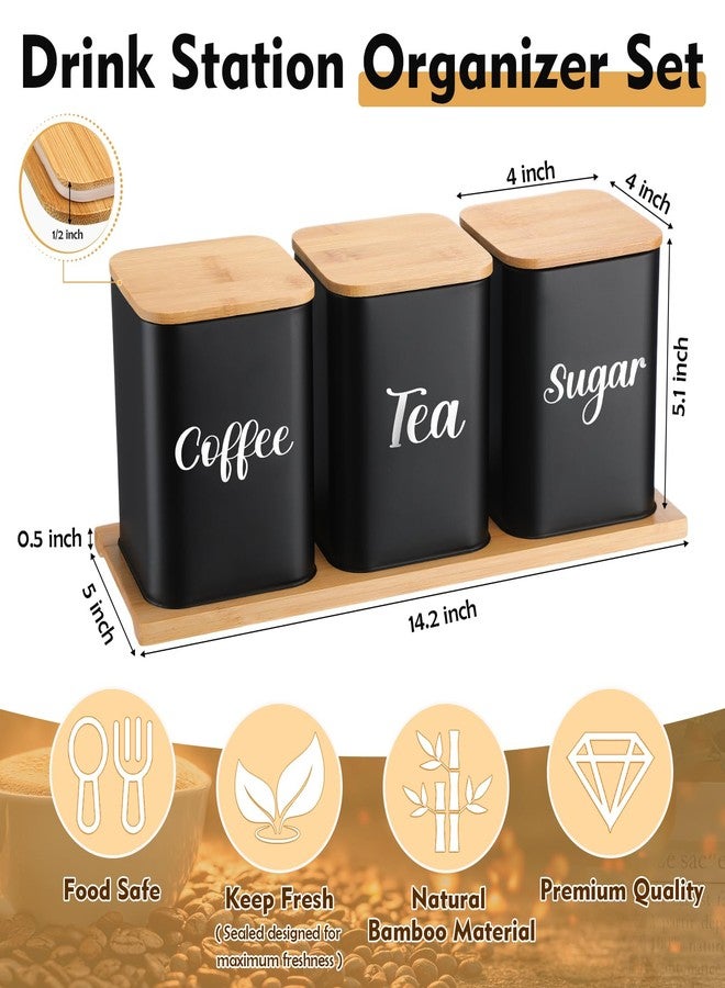 Tioncy Coffee Tea Sugar Container with Tray Set of 3 Airtight Metal Canister with Bamboo Lid Tray for Kitchen Counter Dining Room Farm House Kitchen Style Drink Station Organizer Set (Black) - Image 2