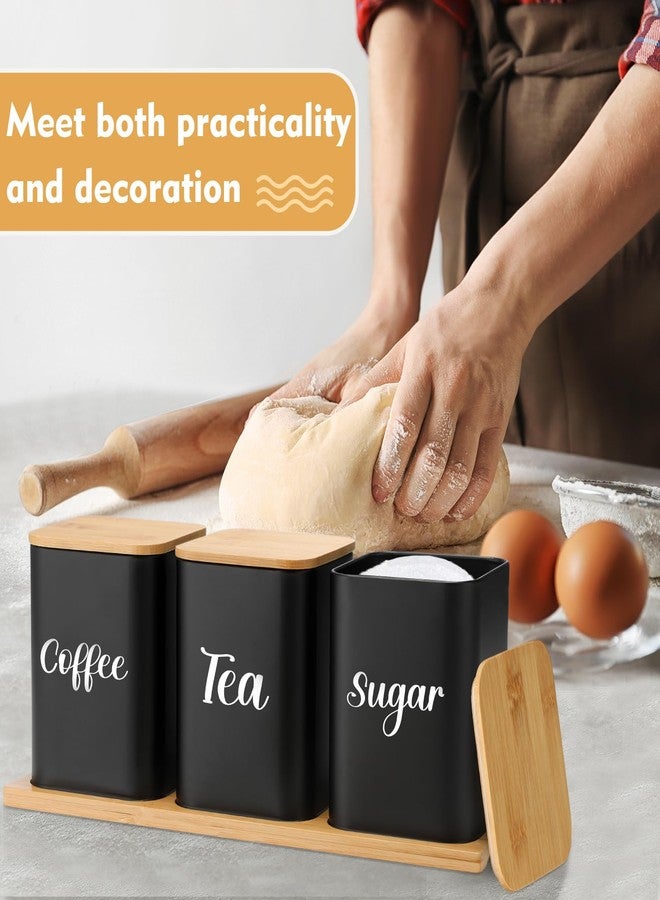 Tioncy Coffee Tea Sugar Container with Tray Set of 3 Airtight Metal Canister with Bamboo Lid Tray for Kitchen Counter Dining Room Farm House Kitchen Style Drink Station Organizer Set (Black) - Image 5