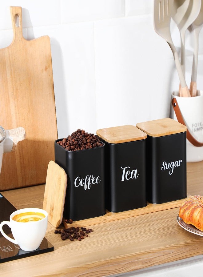 Tioncy Coffee Tea Sugar Container with Tray Set of 3 Airtight Metal Canister with Bamboo Lid Tray for Kitchen Counter Dining Room Farm House Kitchen Style Drink Station Organizer Set (Black) - Image 3