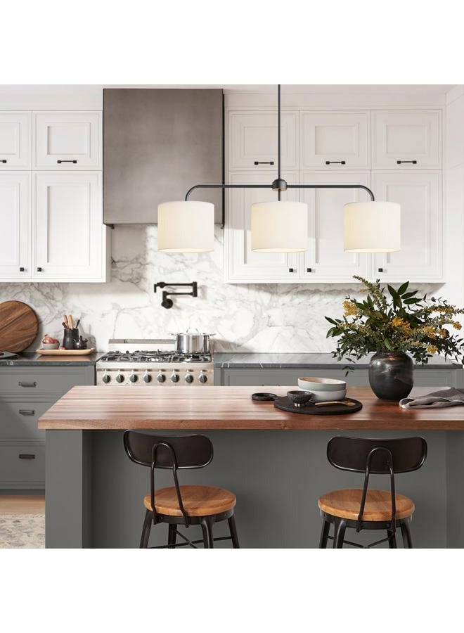 Electro bp ;40" W 3-Light White Linen Drum Shade Chandelier with Black Metal Linear Pendant Light Fixture for Kitchen Island,Dining Table,E26,180W; - Image 5