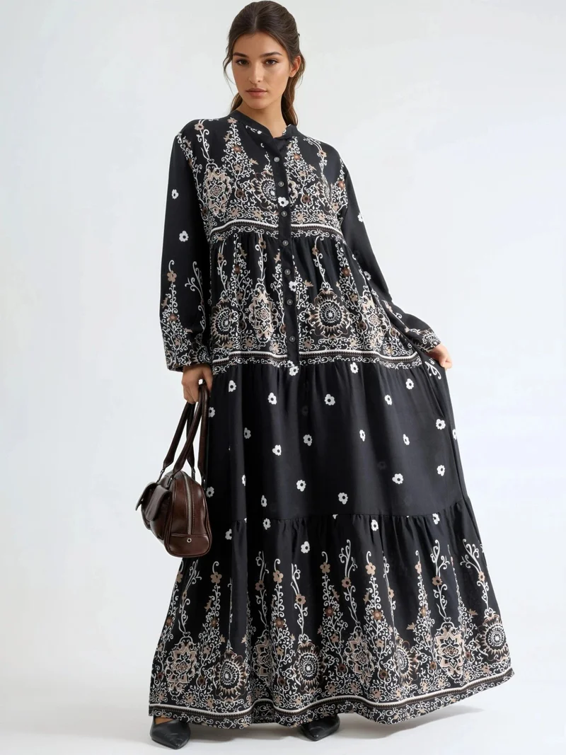 هيكاب Comfort Fit Patterned Maxi Dress with V-Neck