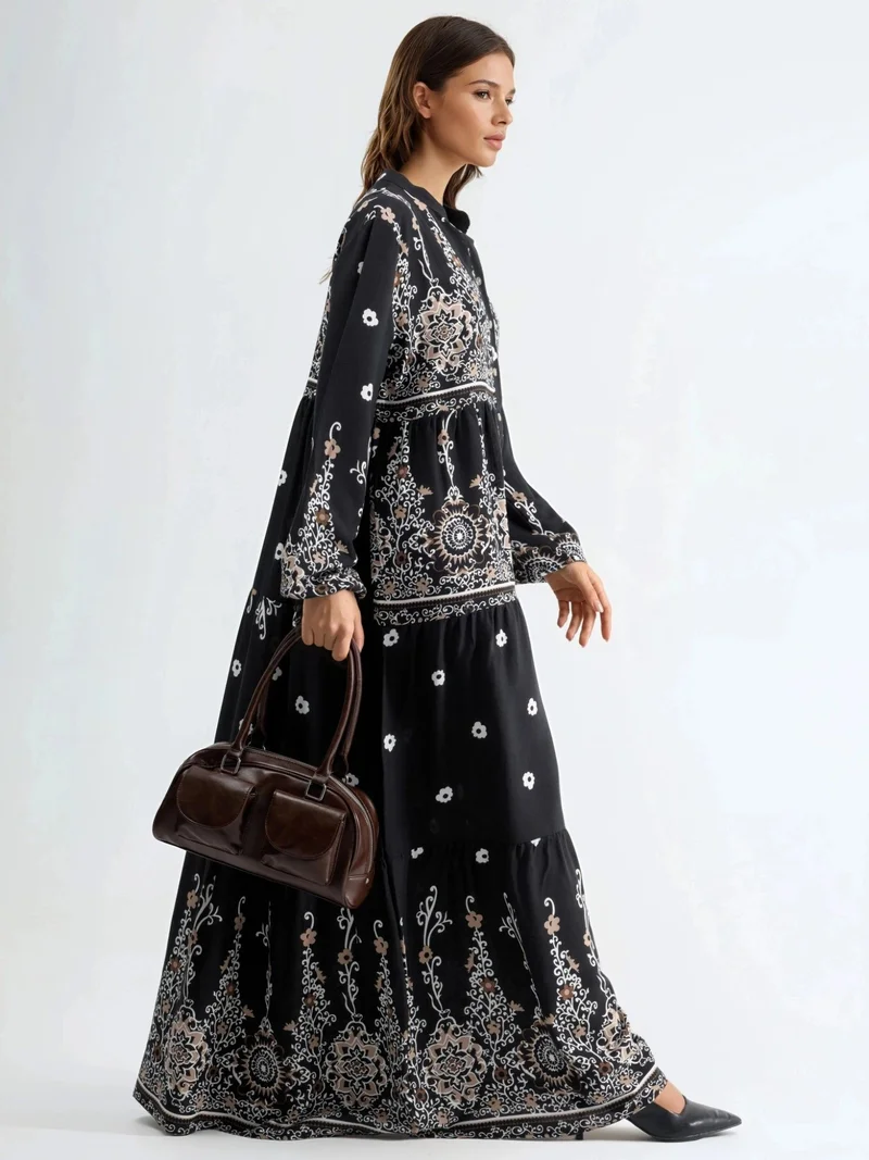 هيكاب Comfort Fit Patterned Maxi Dress with V-Neck