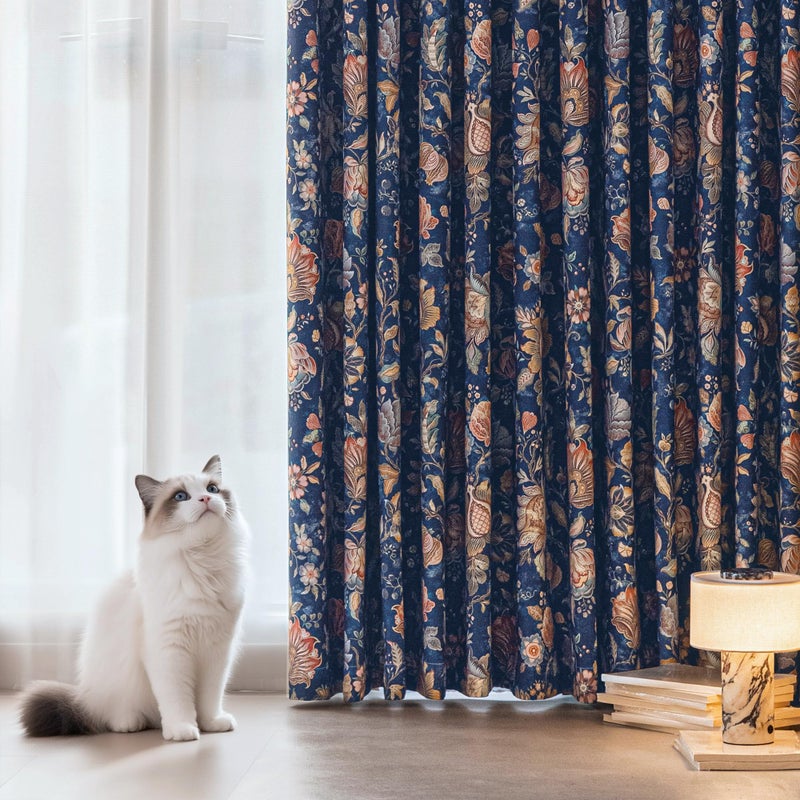 FMFUNCTEX 100% Boho Blackout Floral Curtains for Bedroom, Vintage Flower Patterned Blue Curtains 84 Inch Length for Living Room Darkening Thermal Insulated Grommet Window Farmhose Drapes 2 Panels - Image 4