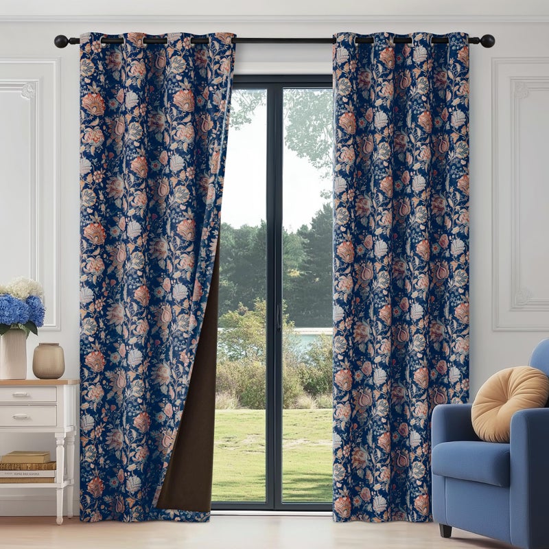 FMFUNCTEX 100% Boho Blackout Floral Curtains for Bedroom, Vintage Flower Patterned Blue Curtains 84 Inch Length for Living Room Darkening Thermal Insulated Grommet Window Farmhose Drapes 2 Panels - Image 2