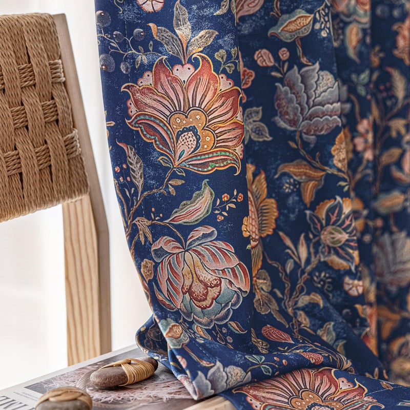 FMFUNCTEX 100% Boho Blackout Floral Curtains for Bedroom, Vintage Flower Patterned Blue Curtains 84 Inch Length for Living Room Darkening Thermal Insulated Grommet Window Farmhose Drapes 2 Panels - Image 1