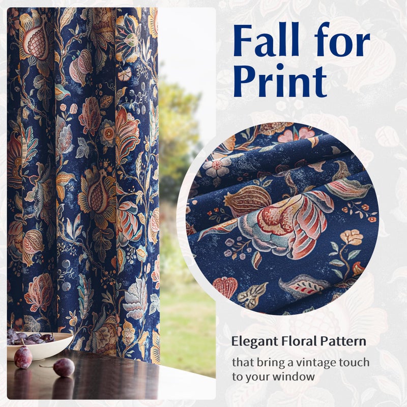 FMFUNCTEX 100% Boho Blackout Floral Curtains for Bedroom, Vintage Flower Patterned Blue Curtains 84 Inch Length for Living Room Darkening Thermal Insulated Grommet Window Farmhose Drapes 2 Panels - Image 5