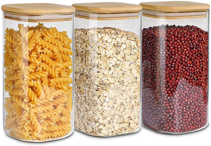 lizepto Glass Jar with Bamboo Lid Glass Food Storage Jar with Airtight Lid Glass Food Storage Container with Bamboo Lid Glass Pantry Jars Glass Canisters with Lids 1200ml Square Set Of 2 - Image 3