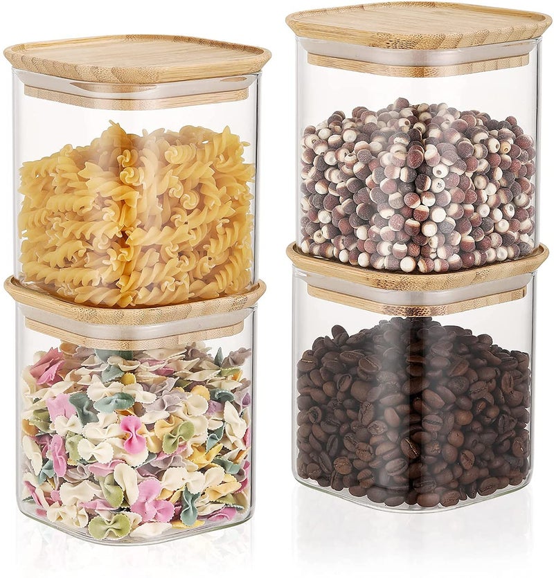 lizepto Glass Jar with Bamboo Lid Glass Food Storage Jar with Airtight Lid Glass Food Storage Container with Bamboo Lid Glass Pantry Jars Glass Canisters with Lids 1200ml Square Set Of 2 - Image 2