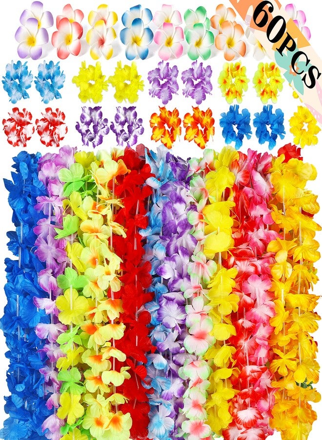 Moon Boat 60PCS Hawaiian Luau Leis Party Decorations Supplies Set - Tropical Tiki Flowers Necklaces + Bracelets + Hair Clips Bulk Summer Pool Birthday Decor Favors - Image 1