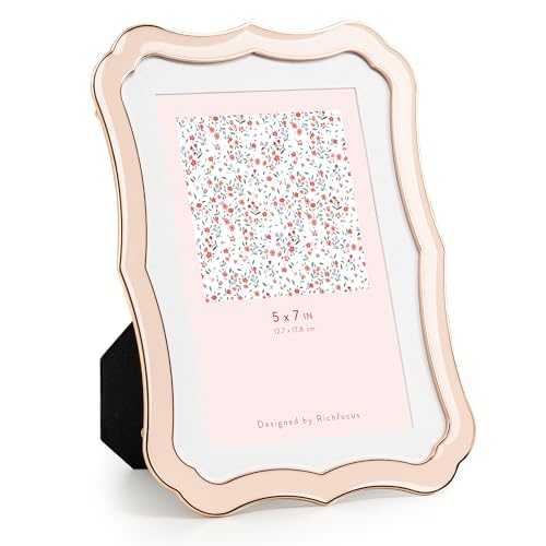 RICHFOCUS 5x7 Enamel Picture Frame with HD-Tempered Glass, Display 4x6 Photo with Mat, Ornate Photo Frame with Gold Metal Edge & Velvet Back for Tabletop & Wall Mount Vertically or Horizontally Display, Pink - Image 1