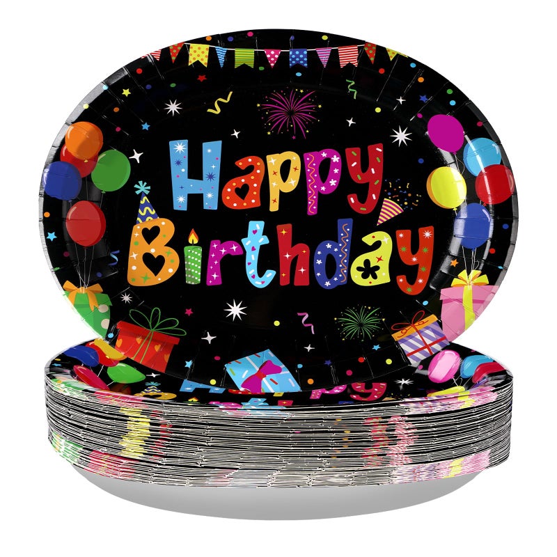 Grencian 50 Pcs Happy Birthday Oval Paper Plates 10"x12" Large Colorful Black Birthday Plates Disposable Heavy Duty Birthday Theme Party Plates Happy Birthday Party Supplies for Boys Girls Birthday Party Decor - Image 1