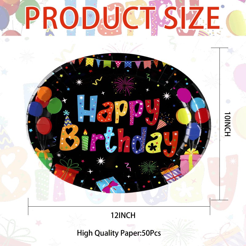 Grencian 50 Pcs Happy Birthday Oval Paper Plates 10"x12" Large Colorful Black Birthday Plates Disposable Heavy Duty Birthday Theme Party Plates Happy Birthday Party Supplies for Boys Girls Birthday Party Decor - Image 2
