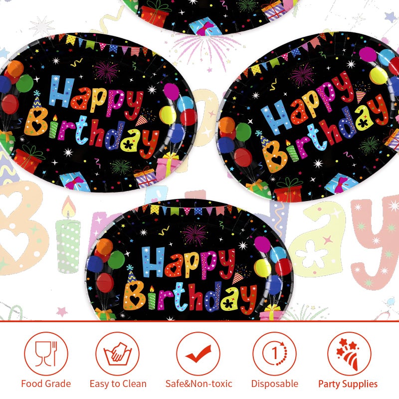 Grencian 50 Pcs Happy Birthday Oval Paper Plates 10"x12" Large Colorful Black Birthday Plates Disposable Heavy Duty Birthday Theme Party Plates Happy Birthday Party Supplies for Boys Girls Birthday Party Decor - Image 3