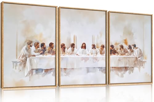 KAIRNE Jesus Last Supper Framed Canvas Wall Art Set, Christian Twelve Apostle Wall Decor, Bible Renaissance wall Painting, Religious Picture Art Print for Living Room, Bedroom, Church-16 x24 x3 - Image 1