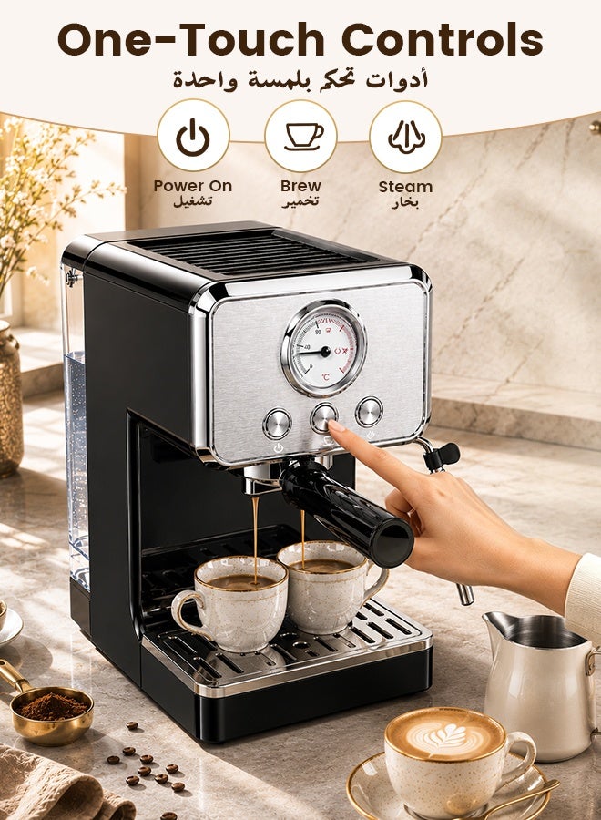 Royalstar Espresso Coffee Machine, 1050W Semi Automatic Coffee Maker with Milk Frother Steam Wand for Cappuccino and Latte Art, Visual Temperature Dial, 1.5L Removable Water Tank for Home Kitchen - Image 2