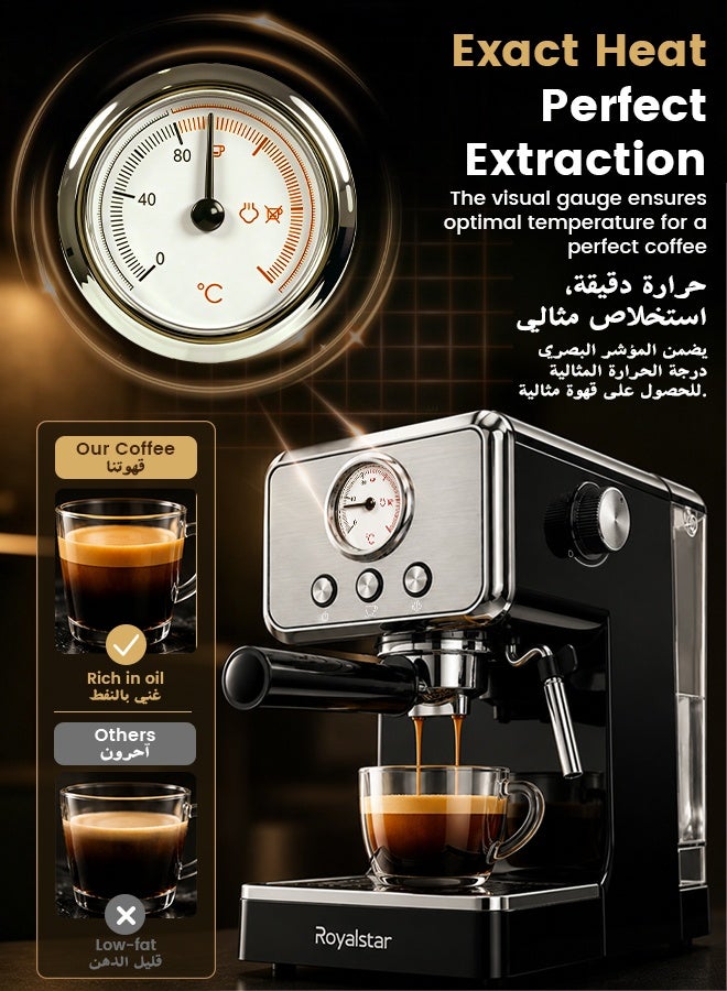 Royalstar Espresso Coffee Machine, 1050W Semi Automatic Coffee Maker with Milk Frother Steam Wand for Cappuccino and Latte Art, Visual Temperature Dial, 1.5L Removable Water Tank for Home Kitchen - Image 3