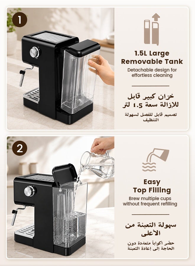 Royalstar Espresso Coffee Machine, 1050W Semi Automatic Coffee Maker with Milk Frother Steam Wand for Cappuccino and Latte Art, Visual Temperature Dial, 1.5L Removable Water Tank for Home Kitchen - Image 5