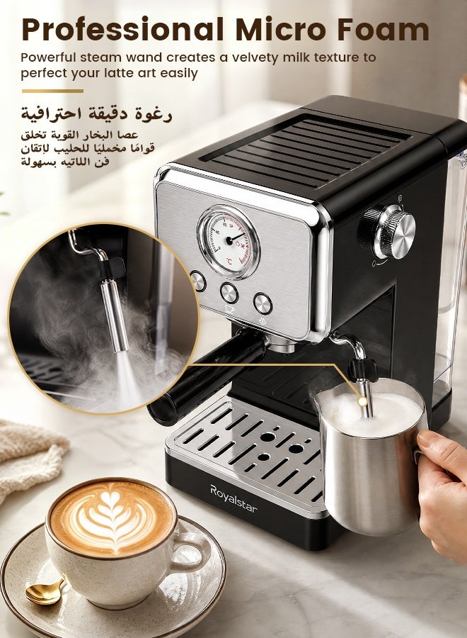 Royalstar Espresso Coffee Machine, 1050W Semi Automatic Coffee Maker with Milk Frother Steam Wand for Cappuccino and Latte Art, Visual Temperature Dial, 1.5L Removable Water Tank for Home Kitchen - Image 4
