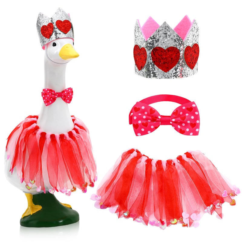 BOARDFEB Porch Goose Valentine Outfit Goose Valentine Costume Set - Crown, Bowtie Scarf for Garden Decor, Pet Accessories Garden Goose Statues and Small Pets - Image 1