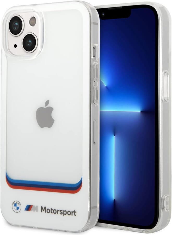 CG MOBILE BMW Motorsport Collection PC/TPU IML Case Big Square Transparent Area And Printed Bottom Logo, Shockproof Protection, Anti-Slipping, Slim-Fit, Compatible wit iPhone 14 Plus - White