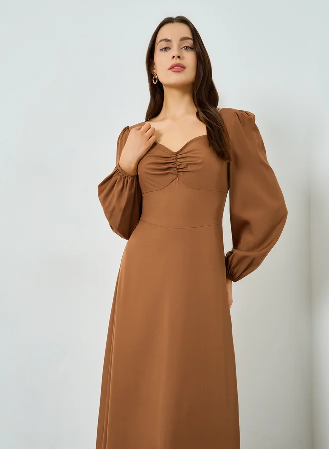 Take Two Rust Ruched Neck Balloon Sleeve Maxi Dress
