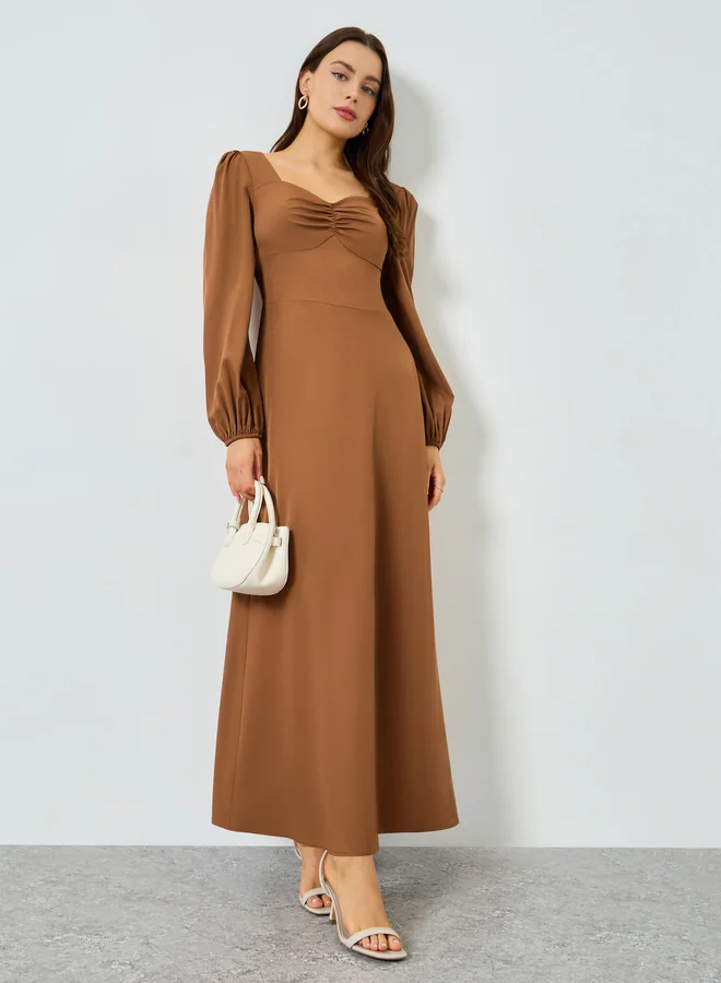 Take Two Rust Ruched Neck Balloon Sleeve Maxi Dress