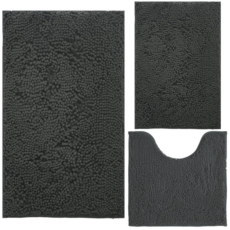 Chenille Bath Mat Set 3Piece Bath Rugs Extra Soft Non Slip Absorbent Shag Bathroom Carpet Machine Washable Strong PVC Underside Grey