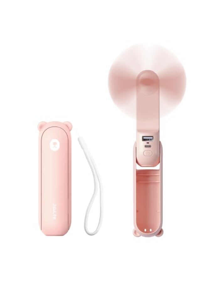 JISULIFE Handheld Mini Fan, 3 IN 1 USB Rechargeable Portable Fan [12-19 Working Hours] with Power Bank, Flashlight, Pocket Design for Travel/Summer/Concerts/Lash, Gifts for Women (Pink) - Image 1