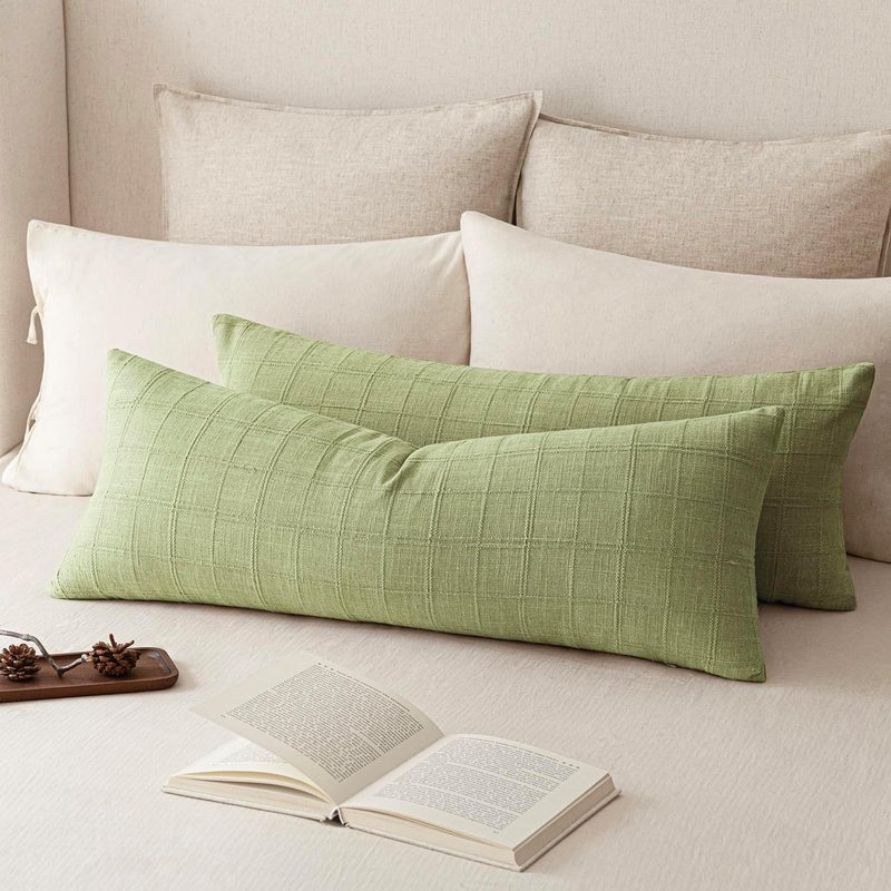 Foindtower Set of 1 Decorative Linen Check Throw Pillow Cover Neutral Long Body Lumbar Cushion Cover Farmhouse Vintage Boho Home Decor for Sofa Chair Couch Bedroom Living Room,14×36 Inch,Light Green - Image 5
