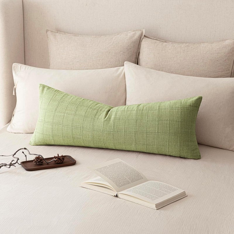 Foindtower Set of 1 Decorative Linen Check Throw Pillow Cover Neutral Long Body Lumbar Cushion Cover Farmhouse Vintage Boho Home Decor for Sofa Chair Couch Bedroom Living Room,14×36 Inch,Light Green - Image 1