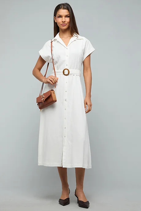 أر أند بي Solid Shirt Dress with Short Sleeves