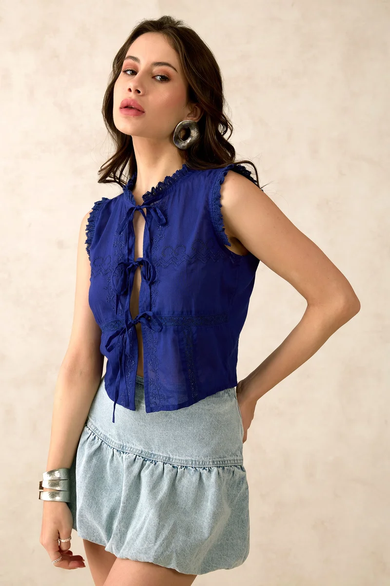Virgio VIRGIO 100% Cotton Tie Up Top With Lace Embroidery