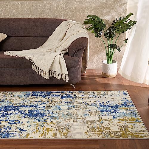 Welspun Wonder-Full Abstract Carpet for Hall, Living Room & Bedroom | Polyester | Anti-Skid | Machine Washable | Gel Foam Back | 4x6 Feet | Blue - Image 1