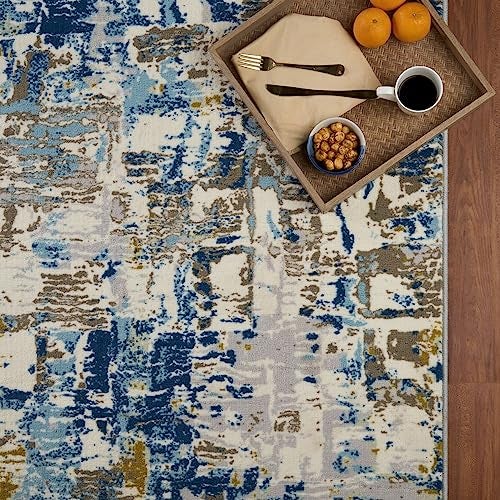 Welspun Wonder-Full Abstract Carpet for Hall, Living Room & Bedroom | Polyester | Anti-Skid | Machine Washable | Gel Foam Back | 4x6 Feet | Blue - Image 3