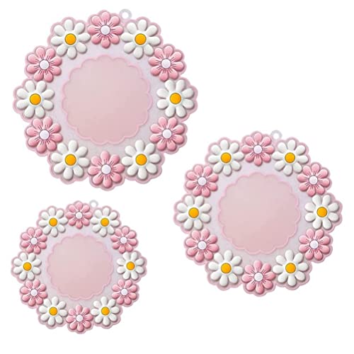 Turbid Silicone Coasters for Dining Table, Set of 3 Multi Size Round Pink Daisy Flower Design, Non-Slip, Heat Resistant Trivet Mats, Dining Table Pads for Hot Pots, Bowls, Dishes & Drink - Image 1