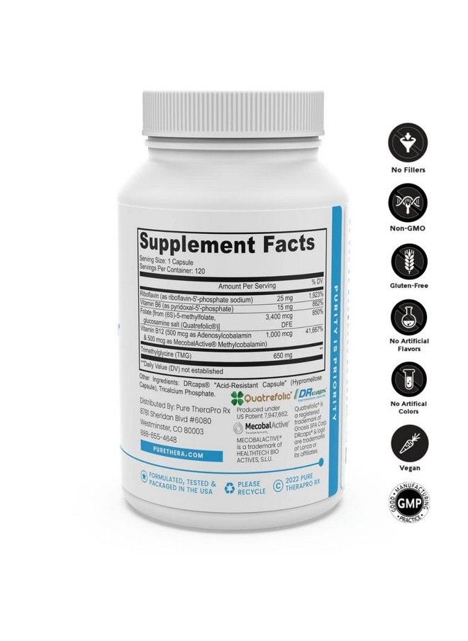 Pure Therapro Rx - Methyl B Complete Optimal Methylated B Complex W/Quatrefolic 5Mthf (Folate) Methylcobalamin (B12) B2 B6 & Tmg Active B Complex Manufactured In The Usa (120 Vegan Capsules) - Image 1